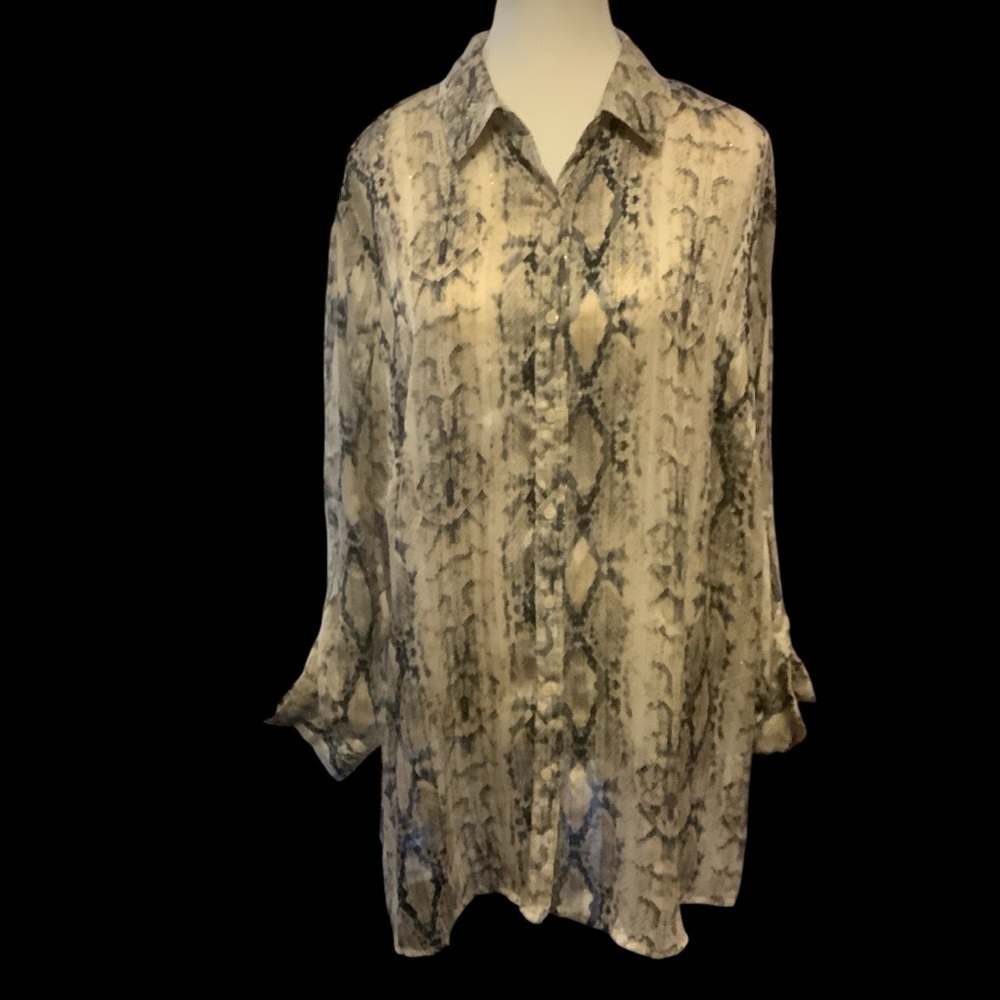 TAMARA H SNAKE PRINT METALLIC BUTTON-UP LONG SLEEVE SHEER BLOUSE/ Size 1X
